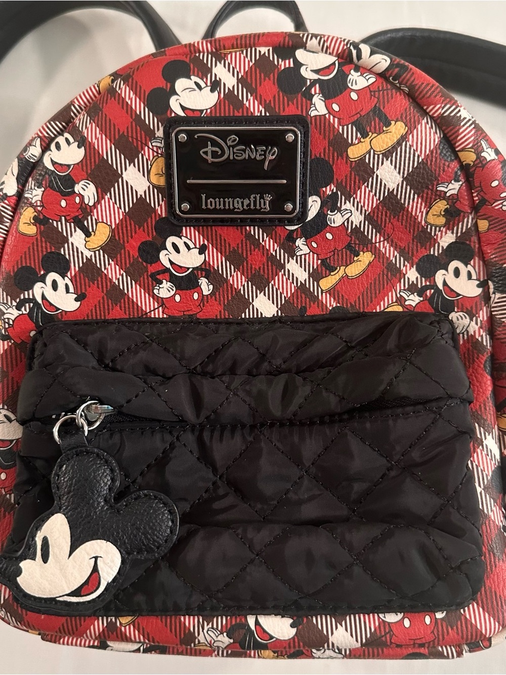 Loungefly Red Plaid Mickey Mouse Kids Mini Backpack with Black Quilted Pocket